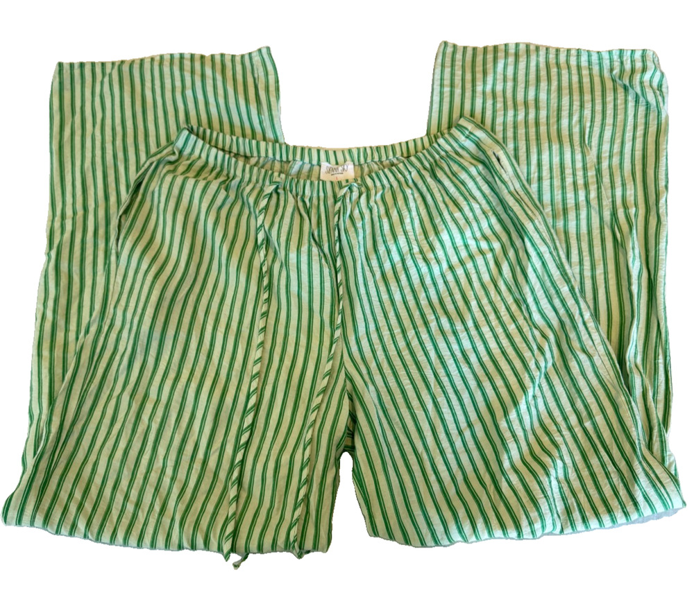 Sienna Sky Green Striped Wide Leg Pants Womens L Y2K Boho Coastal Drawstring